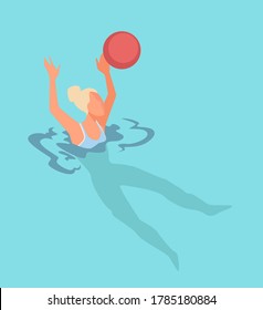 Woman playing in water polo throwing or catching ball. Pool or seaside activities for people, relaxation and healthy lifestyle of personage. Active blonde, sportive girl in water, vector in flat style