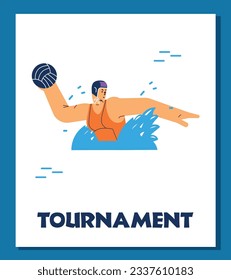 Woman playing in water polo tournament, poster with text, flat vector illustration. Water polo match advertisement banner. Sport game concept.