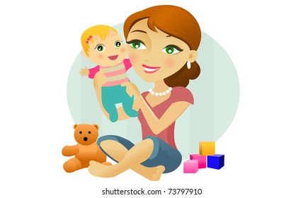 A woman plays with a baby