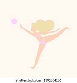 Woman plays ball in swimming suit on beach flat illustration, female leisure on vacations pop art, summer seashore swimsuits fashion, vector feminist minimal modern illustration.