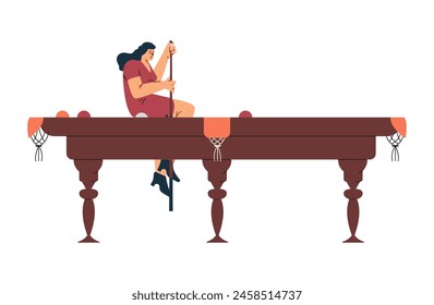 Una mujer juega al billar. Adorable personaje con un taco sentado en una enorme mesa de billar en una Ilustración vectorial aislada, ideal para el club deportivo y gráficos de ocio.