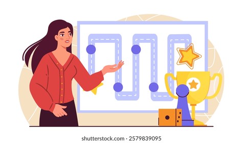 Woman plays board games. Young girl near dice, trophy and map. Games for luck and fortune. Leisure, fun and entertainment. Winner in board games. Flat vector illustration