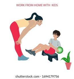 Woman plays with a child - vector. Stay at home. Quarantine. Self isolation. Work from home with children. Activity Ideas for Kids