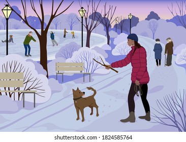 A woman plays with a dog in a snow covered park in winter beside an ice rink. Vector illustration. 