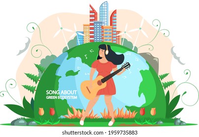 Woman plays guitar on background of planet. Girl singing songs about green ecosystem, person is resting in nature. Caring for environment of Earth. Lady with headphones performs song on guitar