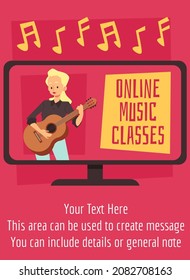 Woman plays guitar at online music classes, flat vector illustration. Poster template for music school advertisement with musician teacher on computer screen.