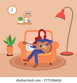 The woman plays guitar in the room 