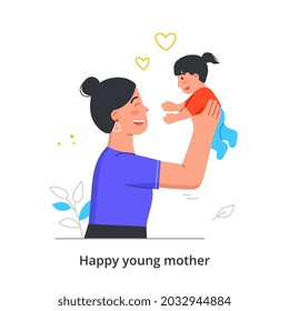 Woman plays with her little daughter. Mom entertains baby. Female character pays attention and loves her child. Strong family. Cartoon doodle flat vector illustration isolated on white background