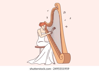 Woman plays large harp, performing at symphony concert or classical music festival. Harp with strings near female musician organizing acoustic music show for connoisseurs of opera performances