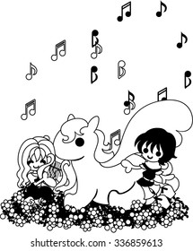 A woman plays music by a harp, and a man and Pegasus listens attentively to.