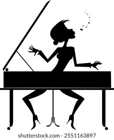 Woman plays piano and singing. 
Young woman playing music on piano and singing. Black on white illustration

