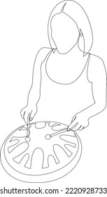 Woman plays the steel tongue drum with sticks. Continuous line drawing of traditional folk music instrument. Vector illustration.