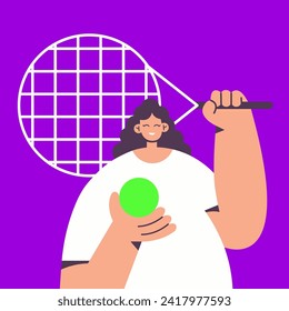 Woman plays tennis. Flat vector illustration.