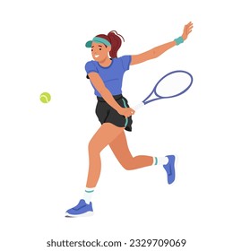 La Mujer Juega Al Tenis Con Precisión, Agilidad Y Determinación. El Carácter Femenino Presenta Excelentes Servicios, Poderosos Pronunciados Y Un Movimiento Gracioso En La Corte. Ilustración de vectores de personas de caricatura