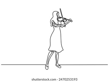 Woman plays violin continuous line drawing. Music orchestra concept. Vector illustration minimalist design hand drawn.