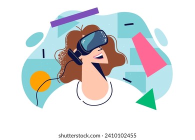 Woman plays VR games using glasses to immerse herself in virtual reality and metaverse. Girl fan of life in metaverse experiences immersion in cyber world thanks to innovative technologies