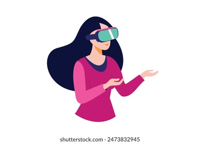 Woman plays VR games using glasses to immerse herself in virtual reality and metaverse, Flat vector illustration with woman wearing virtual reality glasses. vector illustration