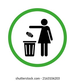 Woman Please Only Throw Litter in Bin Silhouette Icon. Allowed Throw Napkin, Paper, Pads, Towel in Waste Basket Symbol. Glyph Pictogram. Keep Clean Icon. Isolated Vector Illustration.