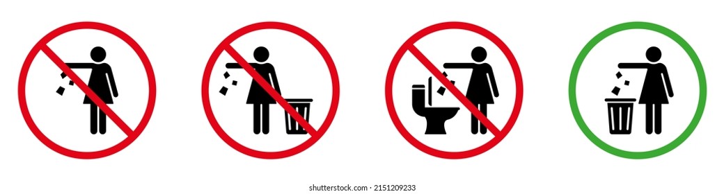 Woman Please Throw Litter In Bin, No Toilet Pictogram Silhouette Icon. Allowed Throw Napkin, Paper, Pads, Towel In Waste Bin Pictogram. No Flush Litter In Toilet Sign. Isolated Vector Illustration.