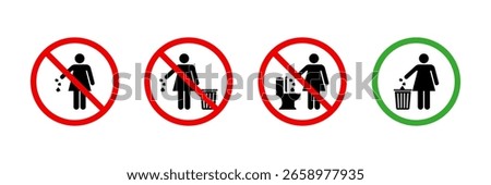 Woman please throw litter in the bin. No toilet pictogram icon. Allowed to throw napkin, paper, pads, and towel in waste bin pictogram. No flush litter in toilet sign. Throw out the trash icon