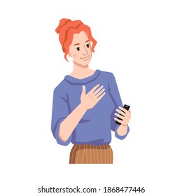 Woman Pleased To Read Message Or See Incoming Call On Smartphone Isolated Flat Cartoon Character. Vector Redhead Girl With Mobile Phone In Hands Empathizes From Excited Sms, Video Or Emoji