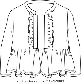 portada plisada de mujer, ruffle hem, manga larga, chaqueta de peplo vector de dibujo técnico	
