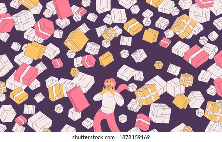 Woman with plenty of bags, boxes and presents falling from the sky. Vector happy character on dark background