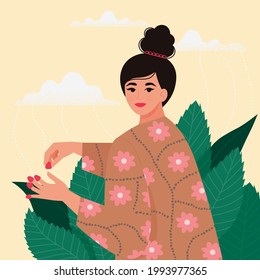 Woman pluck raspberries. Gardening, organic food, summer time concepts. Vector illustration in flat style