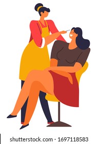 Woman plucking and dying eyebrows by makeup artist in studio vector. Fashion and cosmetics, tweezers tool, bows styling. Girls sitting at beauty salon, professional stylist and client creating look