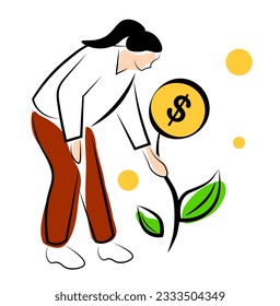 A woman plucks a plant with money. Harvests. The concept of making money. Vector illustration isolated on white background