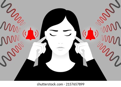 Woman is plugging her ears with fingers, suffering from tinnitus, red bells as symbol of unbearable ringing in ears. Concept of hearing organ diseases or neurology problems