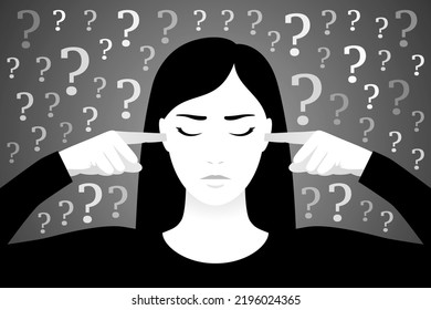 Woman is plugging her ears with fingers, suffering from unresolved problems, obsessive depressive thoughts, anxiety disorder, and with many question marks around her head. Concept of mental health