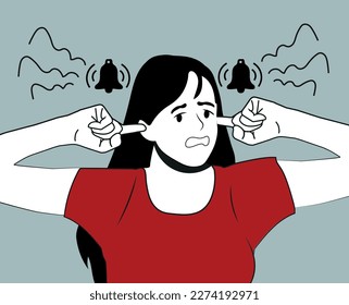 Woman is plugging her ears with fingers, suffering from tinnitus, bells as symbol of unbearable ringing in ears. Concept of hearing organ diseases or neurology problems.