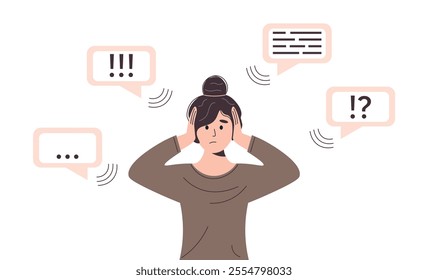 Woman plugs ears hands. Lots information around. Noisy news background. Girl covered ears her hands. Lots different information. Emotional stress. Flat vector illustration on white background.