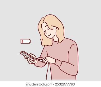 Uma mulher conecta seu smartphone para carregá-lo depois de perceber o indicador vermelho de bateria fraca. Ilustrações de design de vetor de estilo desenhado à mão.