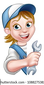 A woman plumber or mechanic contractor holding a spanner hand tool and peeking around from behind a sign