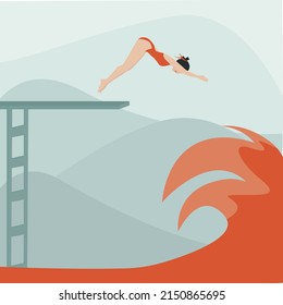 Woman plunging into a red wave.
Abstract design.
