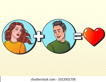 Woman plus man equal love. Vector illustration in pop art style. Love theme.  Love at first sight.