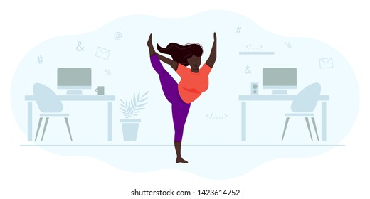 A Woman Plus Size Does Yoga In T The Office Space. Struggle With A Sedentary Lifestyle, Reducing Overweight. The Girl Stands In The Asana. Muscle Strengthening And Stretching. Vector  Illustration.