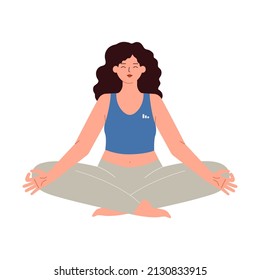 Mujer más tamaño meditando en el pose del loto. Concepto positivo del cuerpo. Las mujeres con sobrepeso practican ejercicios de aliento sentadas en asana.Personaje de dibujos animados planos.Formación de relajación.Isolación.Ilustración del vector