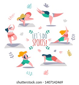 Woman plus size practicing exercises of different kinds of sport, yoga and exercises. Lettering Let`s Do Sports! Vector cartoon illustration in modern concept on white background. Circle template