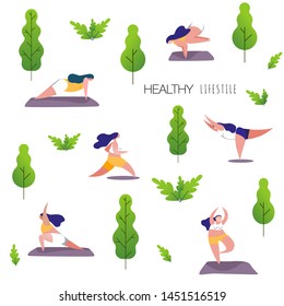 Woman plus size practicing exercises of different kinds of sport in park. Healthy Lifestyle Outdoor.Set of girls doing sports.Vector cartoon illustration in modern concept. Women do physical exercises