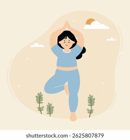 Woman Plus Size Practicing Yoga in Tree Pose Hand Drawn Illustration