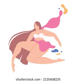 Frau plus Größe Vektorgrafik. Happy fliegendes Mädchen mit abstrakten Formen.Set von moderner Frau Freude und Spaß in eleganter Lage.Flache Vektorgrafik einzeln auf weißem Hintergrund