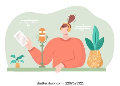 Woman podcaster podcasting and recording online talk show