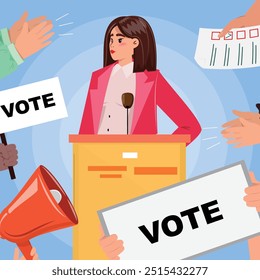 Woman at the podium in front of an audience holding Vote signs, highlighting political campaign.