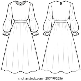 Woman Poet Sleeve Midi Dress Front and Back View. fashion illustration vector, CAD, technical drawing, flat drawing.