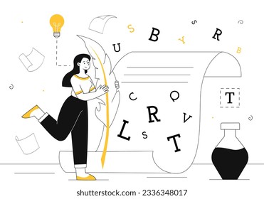 Woman with poetry line concept. Young girl with feather near paper and list. Creativity and art. Talented author writes book and story. Poem storytelling. Linear flat vector illustration