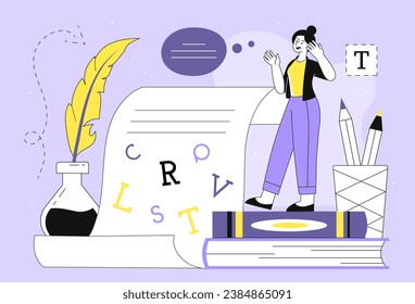 Woman with poetry line concept. Young girl with feather with ink and list. Creativity and art. Talented author at workplace. Linear flat vector illustration isolated on violet background