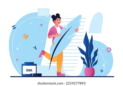 Woman with poetry. Young girl with ink pen on background of piece of paper with text. Talented author and creative personality. Copywriter and freelancer concept. Cartoon flat vector illustration